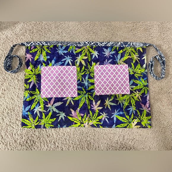 New, handmade half apron with two front pockets, purple and cannabis/weed design